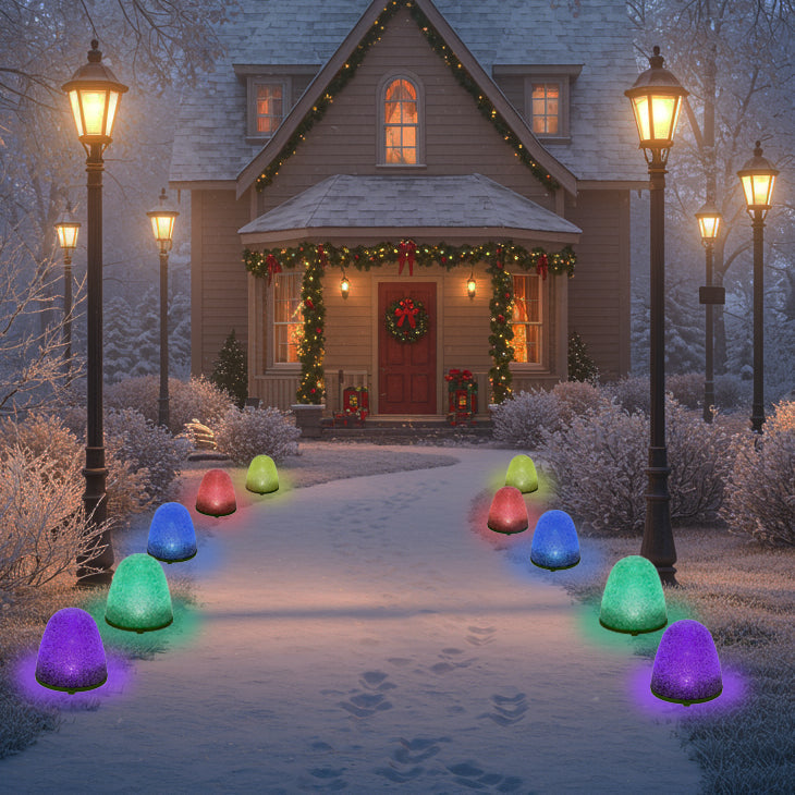 Colorful illuminated gumdrop Christmas pathway lights