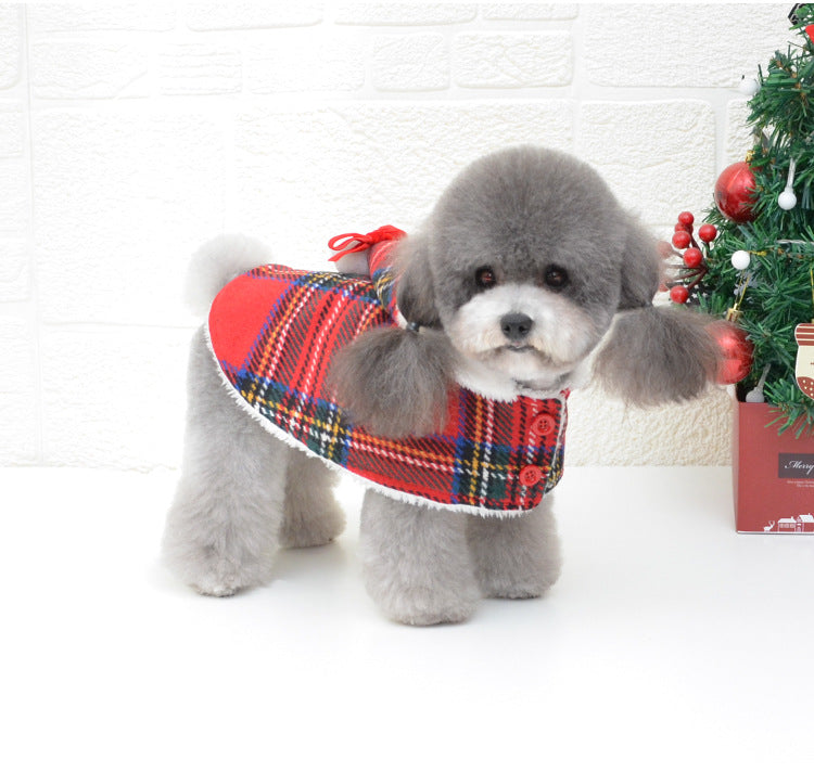 Dog Santa Cape & Hat — Red Plaid Christmas Pet Outfit