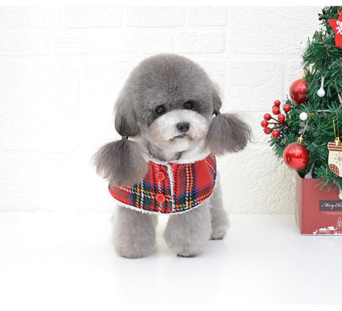 Dog Santa Cape & Hat — Red Plaid Christmas Pet Outfit