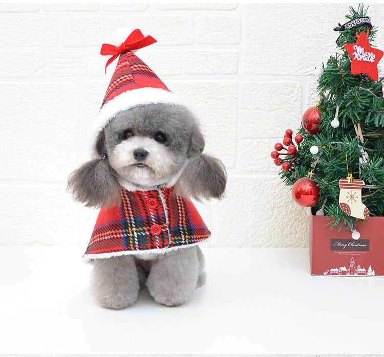 Dog Santa Cape & Hat — Red Plaid Christmas Pet Outfit