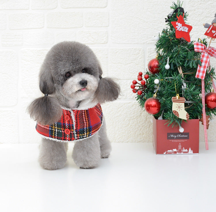 Dog Santa Cape & Hat — Red Plaid Christmas Pet Outfit