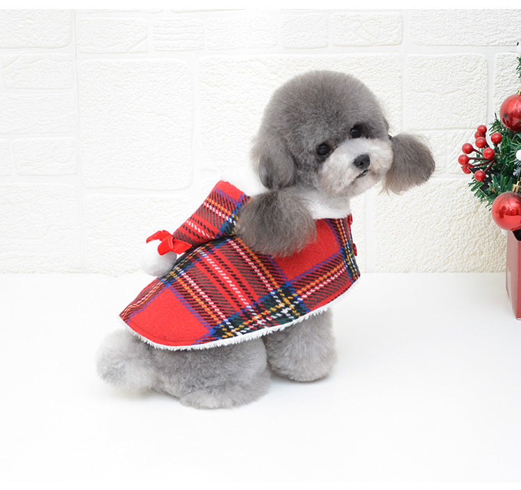 Dog Santa Cape & Hat — Red Plaid Christmas Pet Outfit