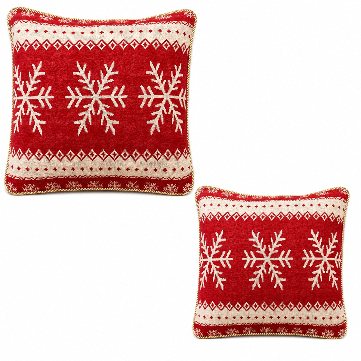 Red Christmas pillow covers with white snowflake designs